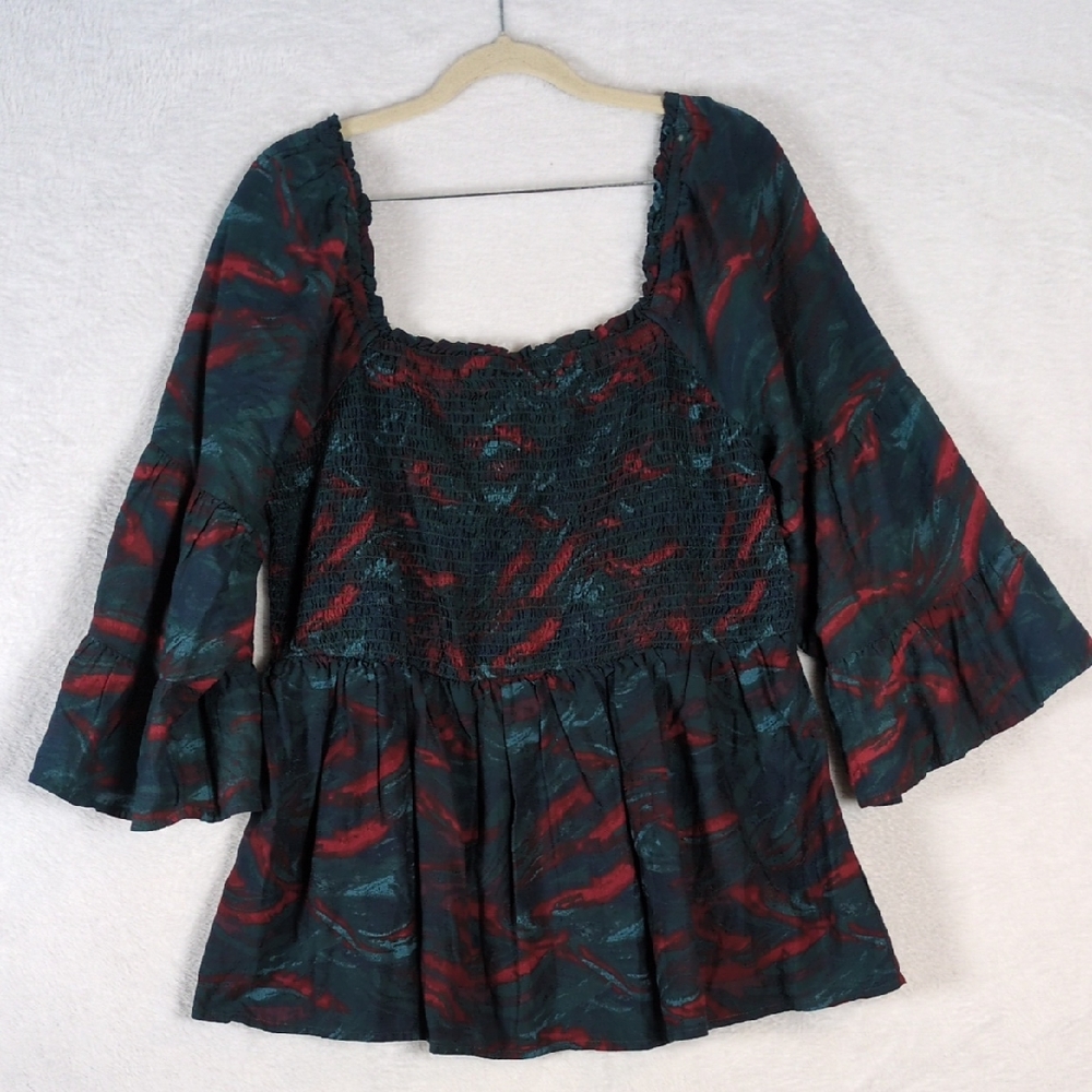 Terra & Sky Women's‎ Navy Smocked Bell Sleeve Square Neck Shirt Size 0X